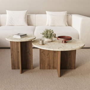 Ensemble de 2 tables basses rondes effet travertin et noyer BLISS