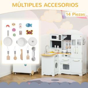 Cocina de Juguete de Madera para Niños de +3 Años con Sonidos 14 Accesorios Cocinita Infantil con Teléfono Fregadero Extraíble Microondas y Grifo 82x65x87 cm Blanco