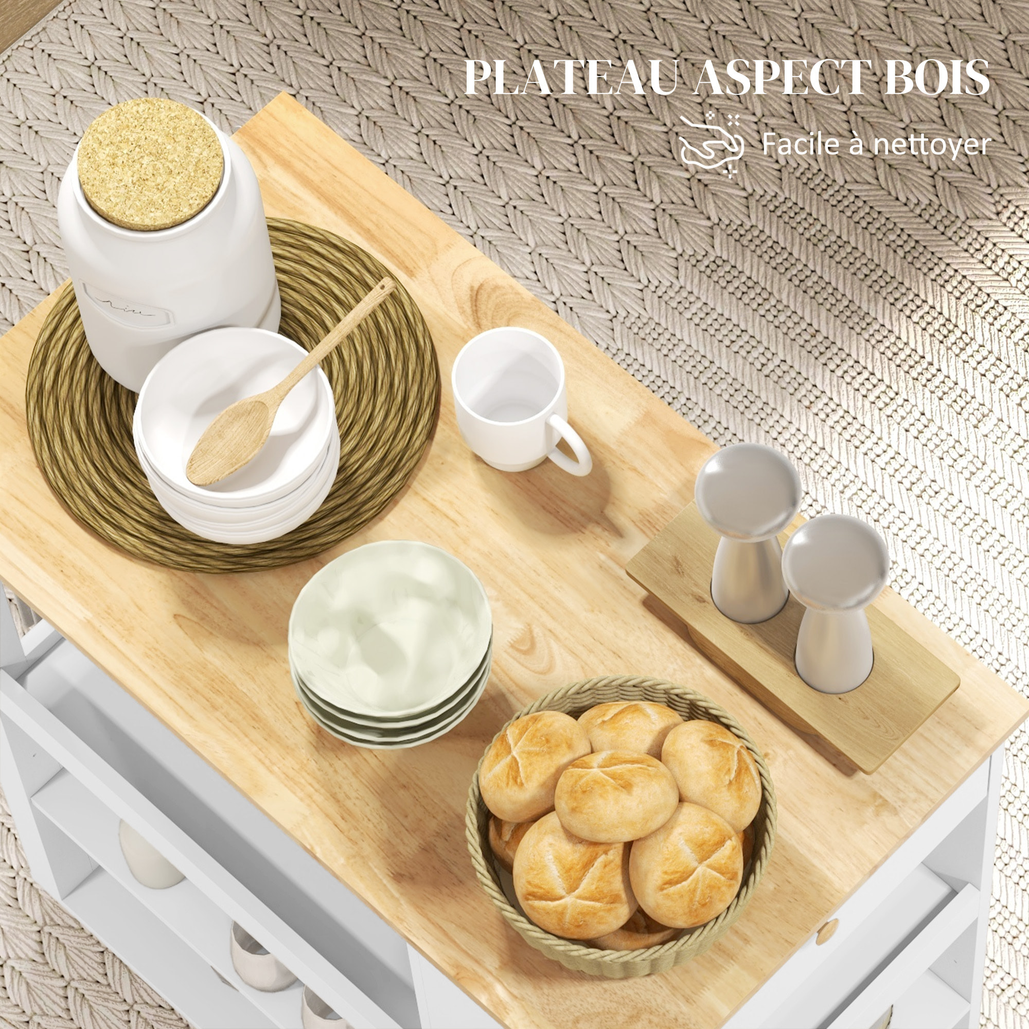 Desserte de cuisine style cosy chic multi-rangement blanc bois hévéa