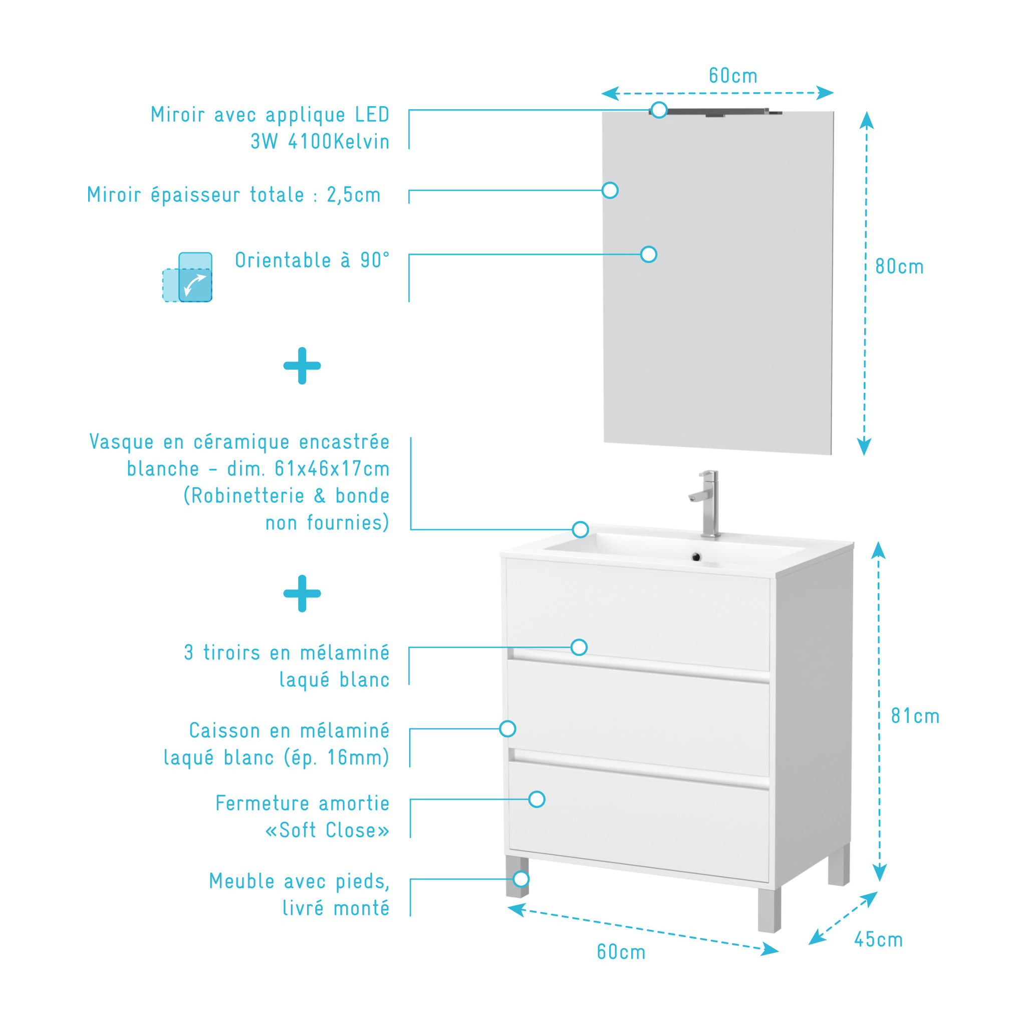 Pack Meuble Salle de Bains 60cm Blanc 3 Tiroirs, Vasque, Miroir 60x80 et réglette Led - XENOS