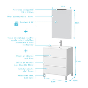 Pack Meuble Salle de Bains 60cm Blanc 3 Tiroirs, Vasque, Miroir 60x80 et réglette Led - XENOS