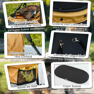 PawHut Carrito para Perros Plegable Cochecito para Mascotas Cochecito para Perros Pequeños con Ventanas de Malla Cojín Lavable Correas de Seguridad y Marco de Acero Café