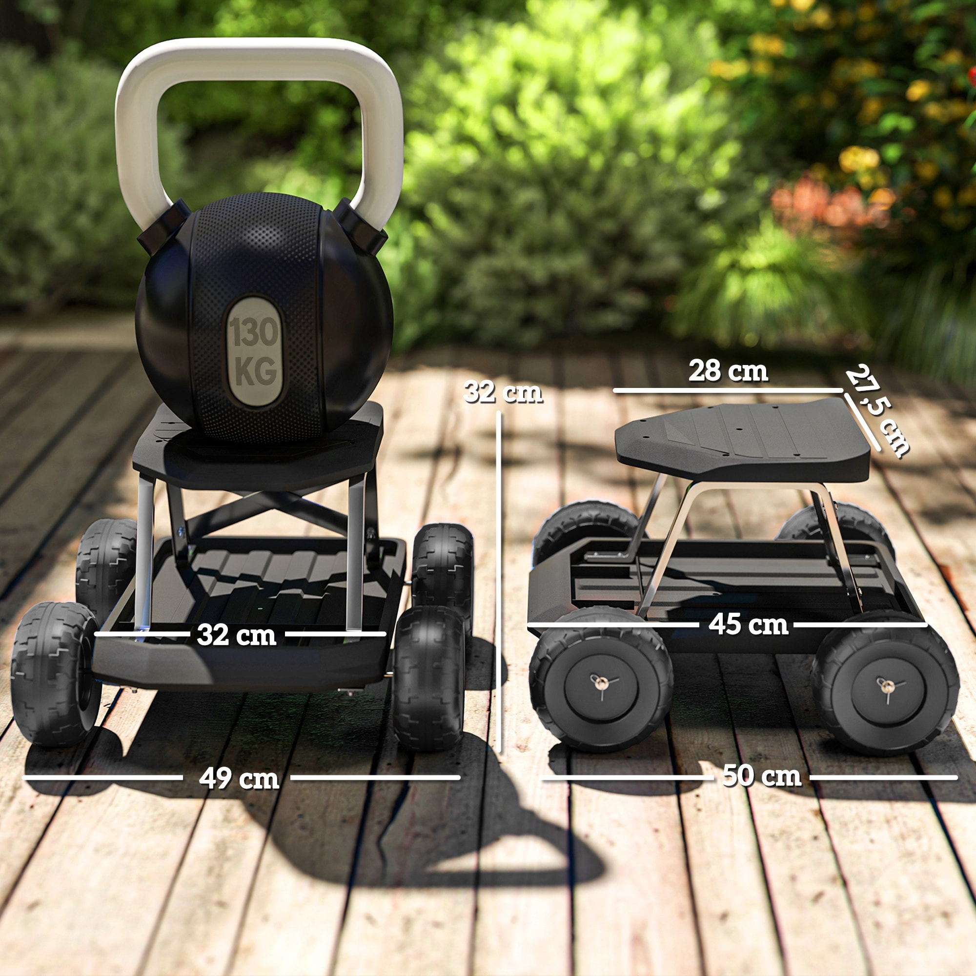 Asiento de Jardín con Ruedas Taburete de Jardinería con Bandeja de Herramientas Carrito para Trabajo Carga 130 kg para Patio Exterior Negro