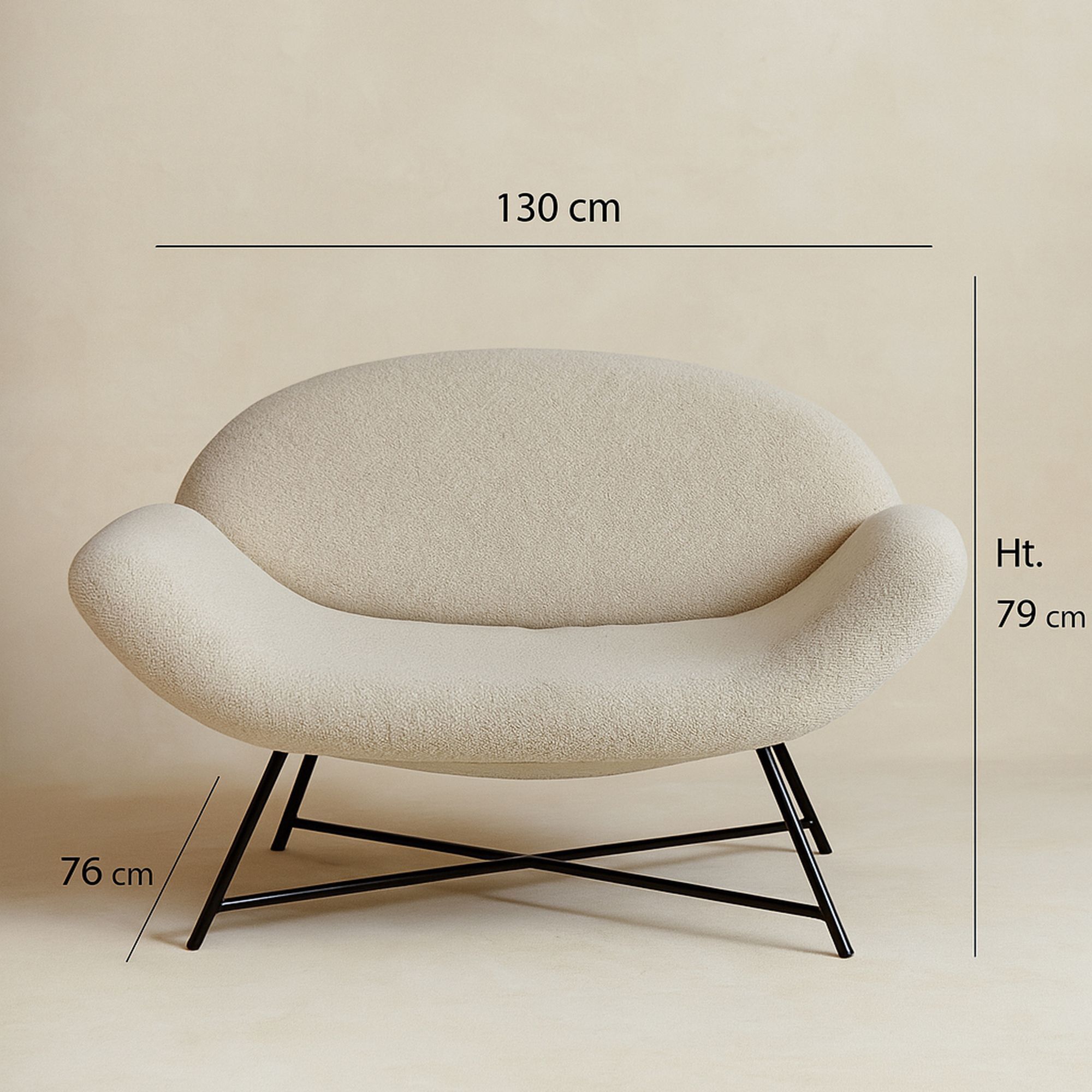 Canapé en bouclette beige et pieds en métal noir 2 places DUKE