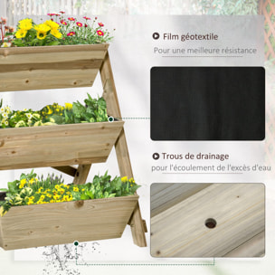 Jardinière sur pieds carré potager 3 étages dim. 71L x 61l x 77H cm inserts d'irrigation feutre de drainage bois sapin autoclave