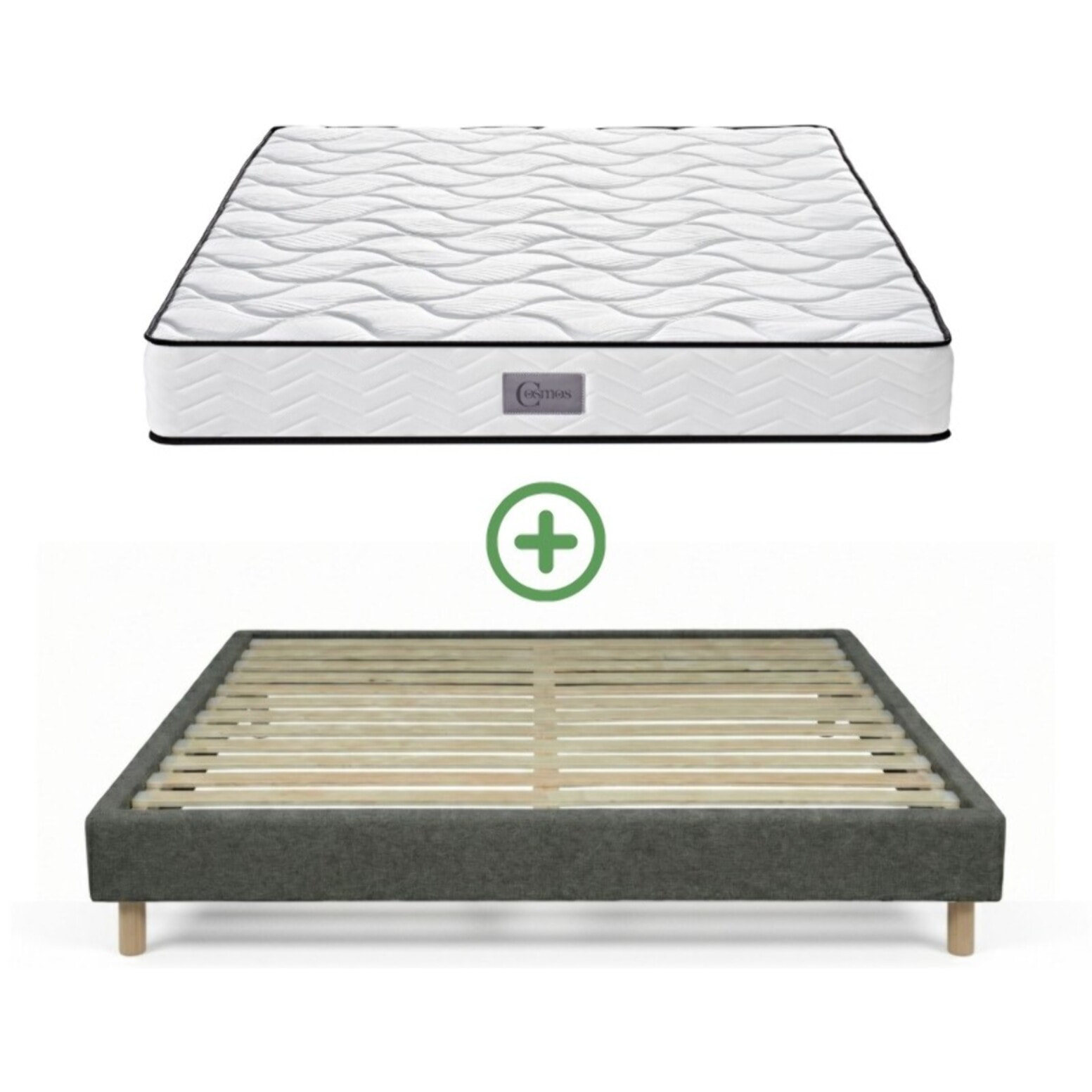 Ensemble Matelas Cosmos & sommier | Mémoire de forme et ressorts ensachés | Cadre à lattes | Tissu | Gris Foncé