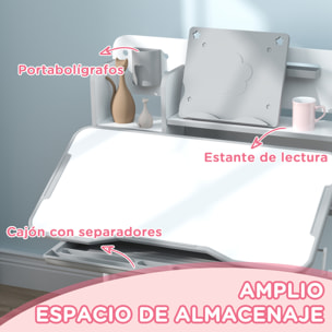Juego de Escritorio y Silla para Niños de +3 Años, Pupitre Infantil Altura Ajustable con Tablero Inclinable, Cajón y Estantes, Respaldo Acolchado, para Libros, 80x55x107,5 cm, Gris
