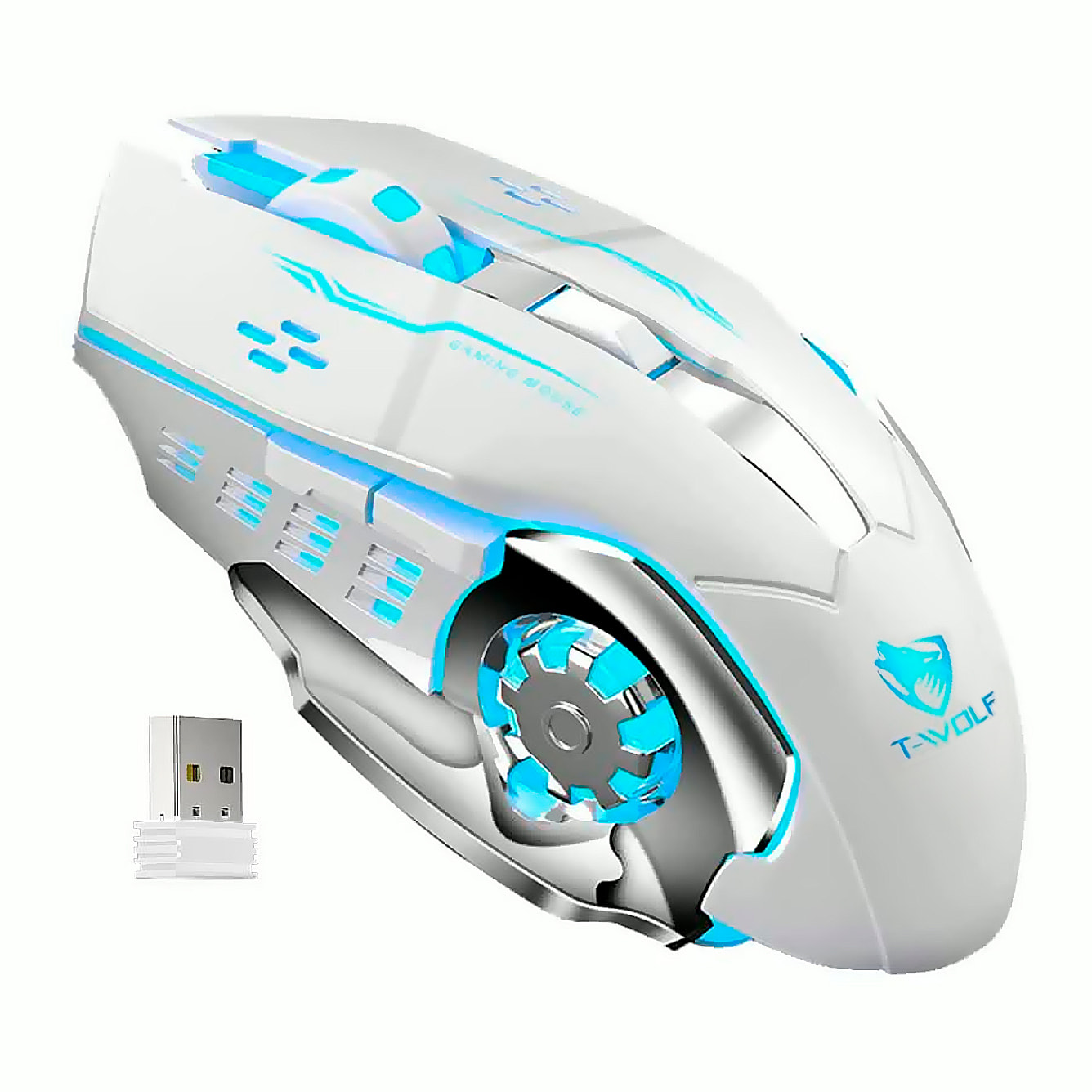 Ratón gaming inalámbrico Plug and Play. Con 3 niveles de DPI, iluminación RGB y 6 botones.