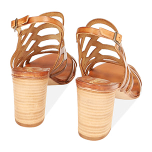 Sandali cage cognac in pelle di vacchetta, tacco 8 cm