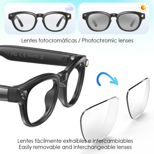 Occhiali intelligenti Q8. Con fotocamera da 8MPX, traduttore Ai in tempo reale, riconoscimento fotografico intelligente, controllo della musica e delle chiamate.