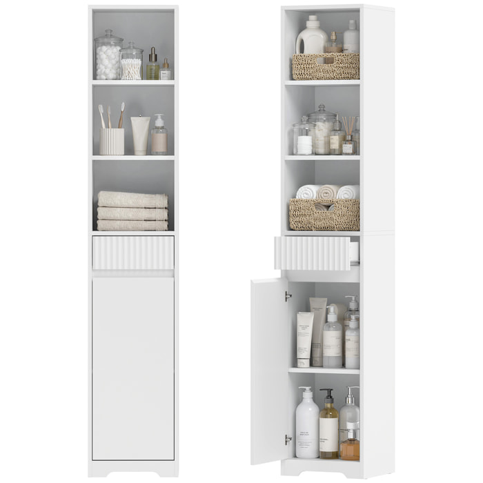 Armario de Baño Alto, Mueble Auxiliar de Baño Estrecho con Cajón, Diseño Acanalado, Estante Ajustable, Estantes Abiertos, para Espacios Pequeños, 33x30x172 cm, Blanco
