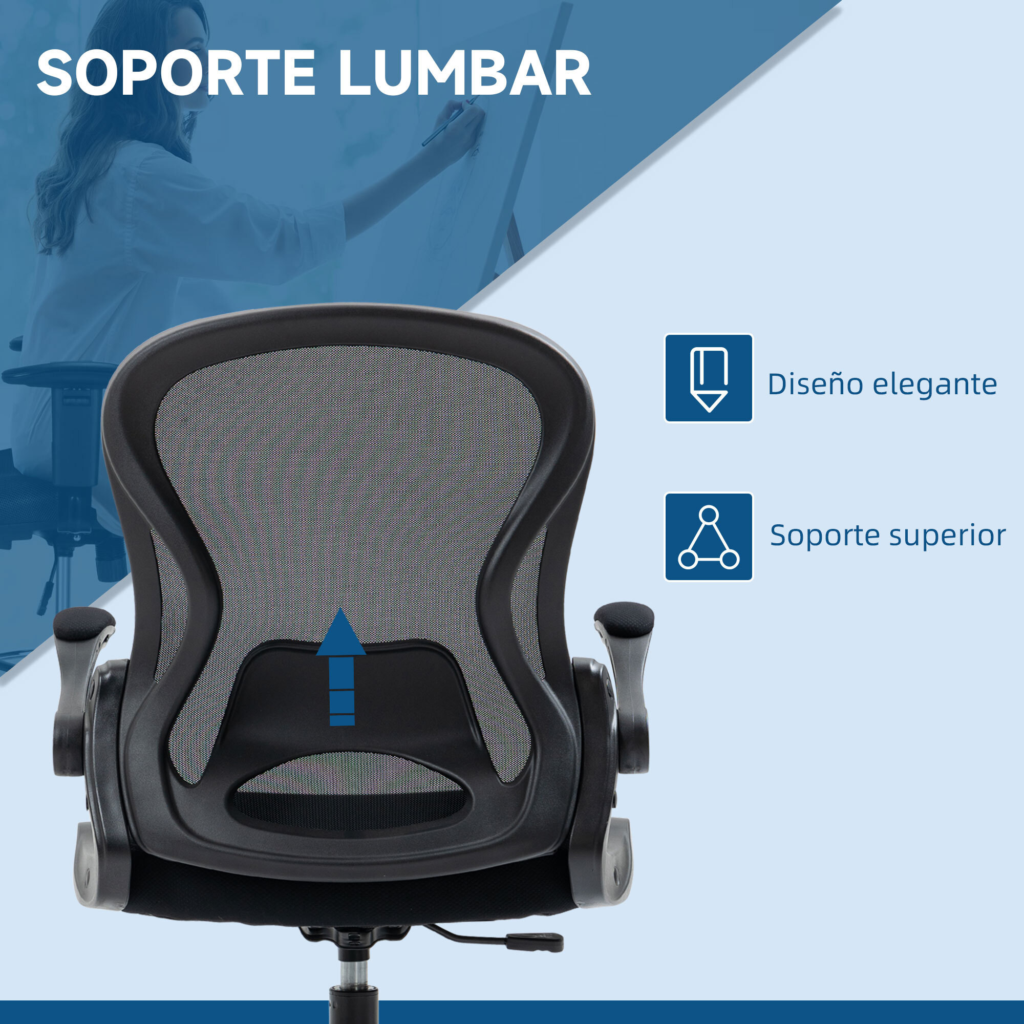 Silla de Dibujo Giratoria Silla de Escritorio Alta con Respaldo Medio Soporte Lumbar Reposabrazos Abatibles Altura Ajustable Carga 120 kg 59x65x110-130 cm Negro