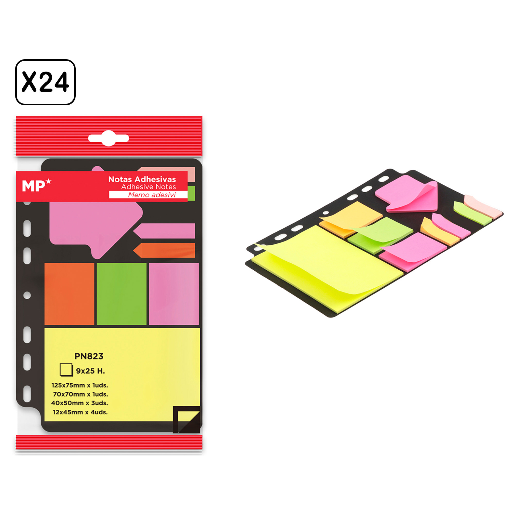 PACK 24 UNIDADES NOTAS ADHESIVAS 9 x 25 HOJAS