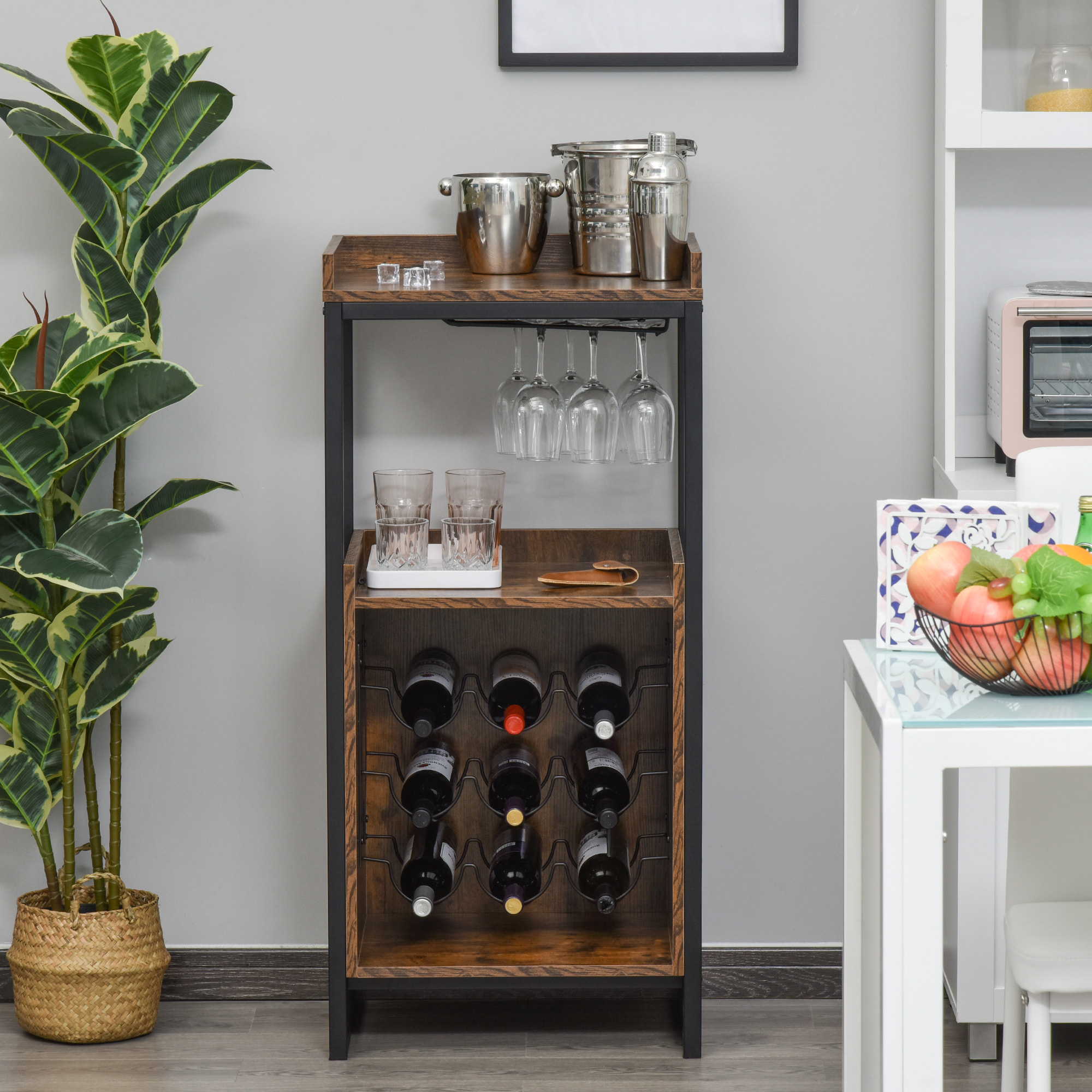 Casier à vin design industriel étagère à bouteilles 9 bouteilles support verres à vin intégré métal noir aspect vieux bois veinage