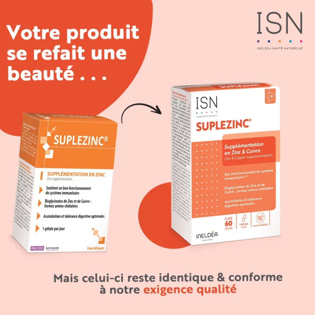 ISN - Ineldea Santé Naturelle Suplezinc - Complément alimentaire - Bisglycinates de Zinc et de Cuivre - Maintien du bon fonctionnement immunitaire - Action antioxydante - Cure 2 mois