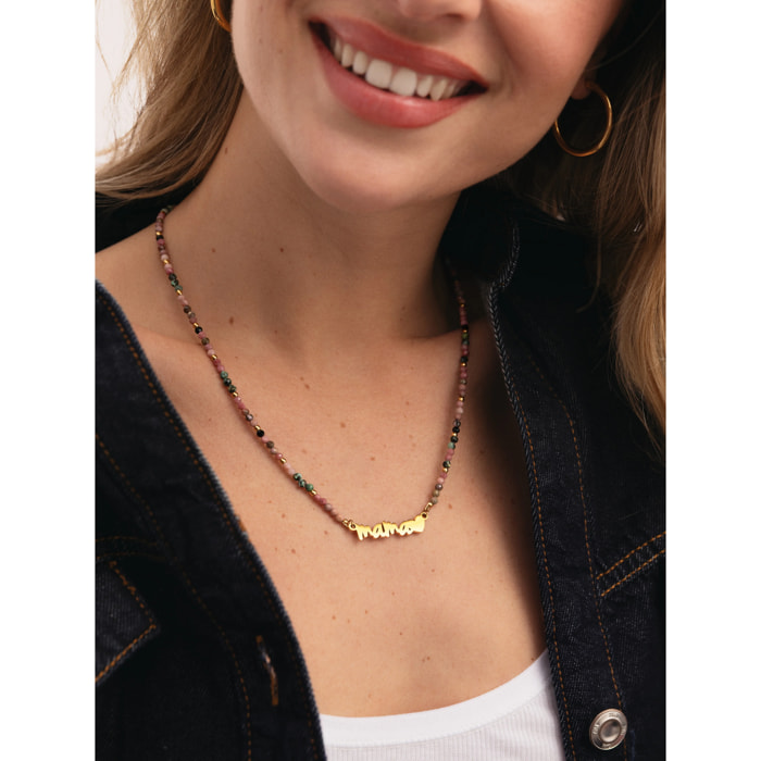 Collar Mamá Heart Tourmaline Acero Baño Oro