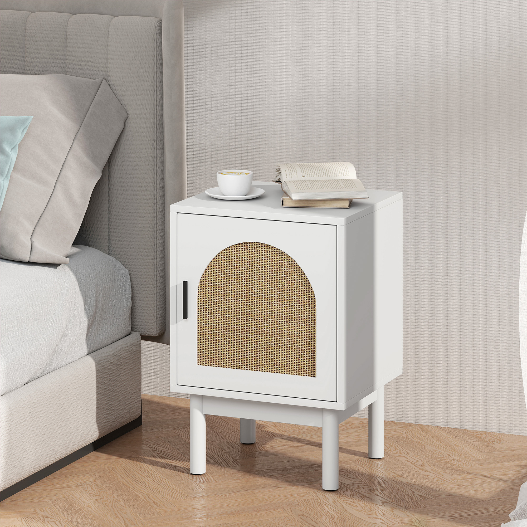 Mesita de Noche Moderna Mesilla de Noche Estrecha con 2 Compartimentos Abiertos Diseño en Forma de Arco Mesa Auxiliar para Salón Dormitorio 40x30x60 cm Crema
