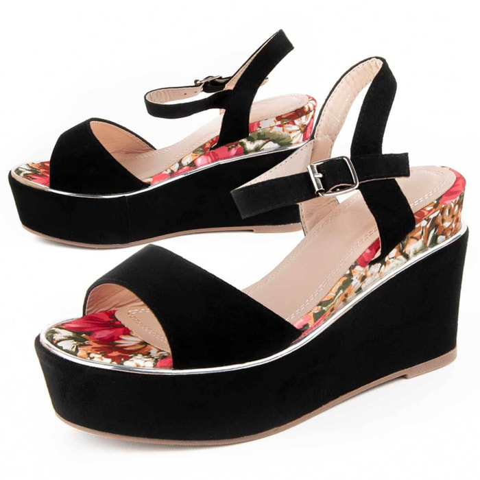 Sandalia De Cuña - Negro - Altura: 10 Cm