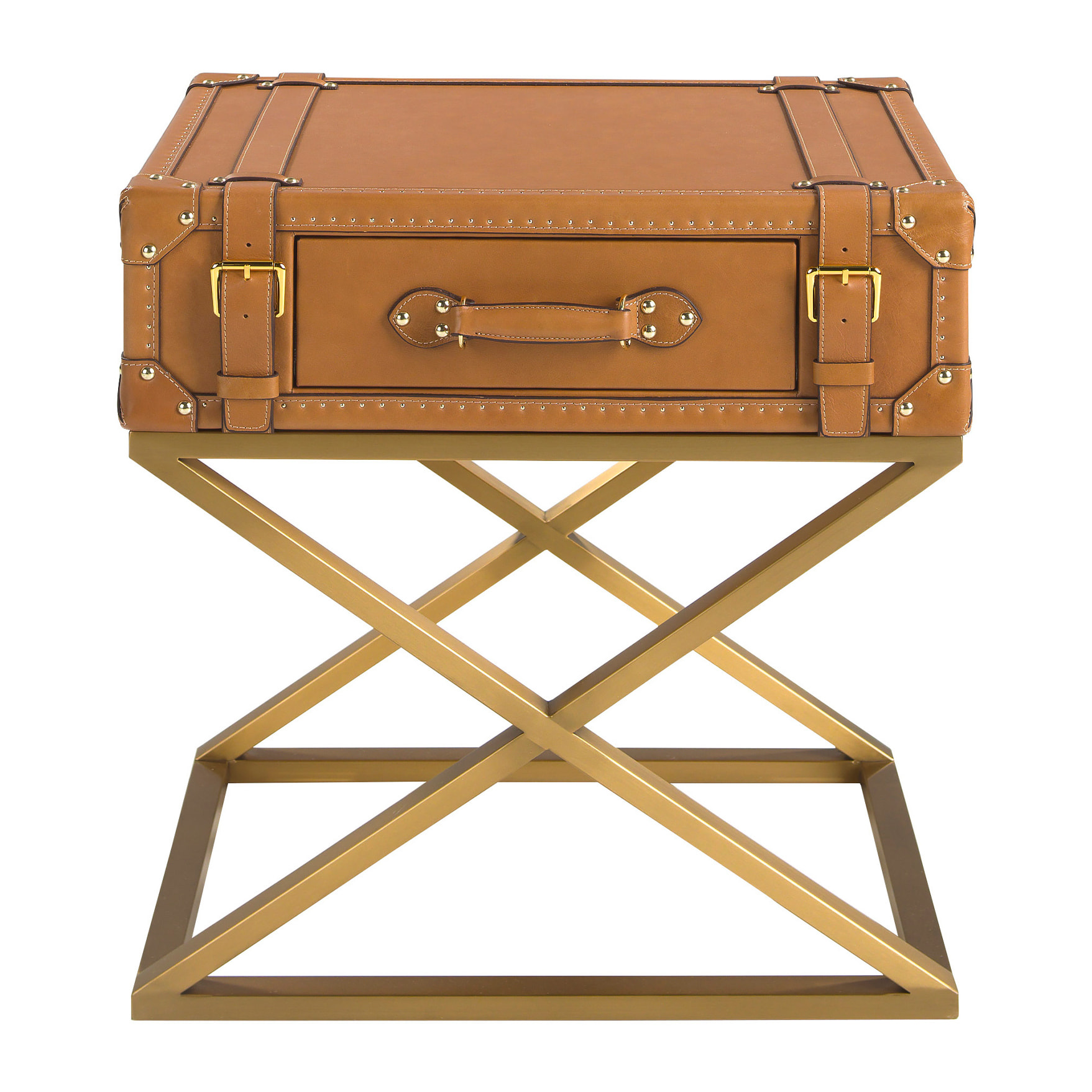 Mesa rincón Angel Cerdá rectangular en piel de origen vacuno y patas de acero inoxidable en dorado 62x47x62cm