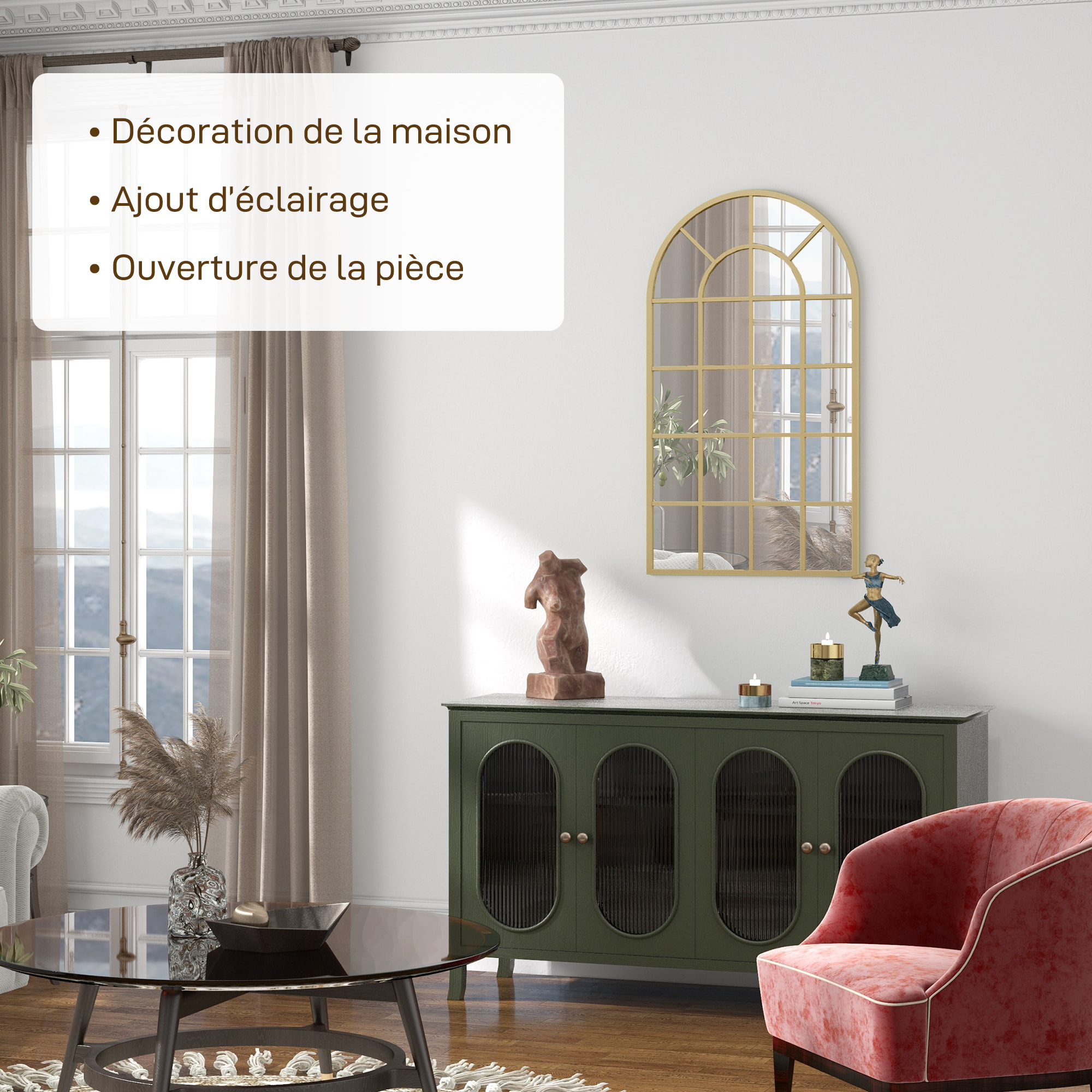 Miroir mural aspect verrière style classique chic - 65L x 110H cm - métal doré verre 3 mm