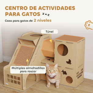 Casa para Gatos de Cartón, Forma Castillo, Rascador para Gatos de 2 Niveles con 3 Zonas de Rascado, Túnel, Rampa, Incluye Hierba, para Interior, Marrón