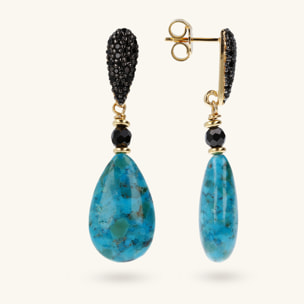 Orecchini Pendenti a Goccia con Pietra Naturale Turchese e Pavé in Spinello Nero