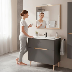 Mobile Bagno A Terra Lavabo In Ceramica E Specchio Inclusi 1 Cassetto Soft Close 1 Anta Vasistaso 80 x 45 x 80 Cm Colore Grigio Antracite E Rovere