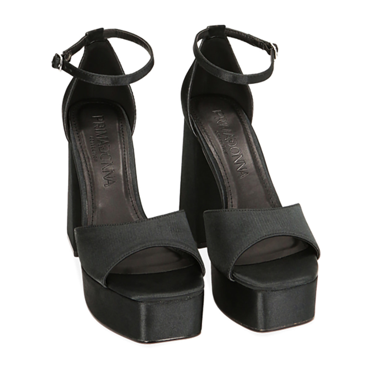 Sandali platform neri in raso, tacco 10 cm