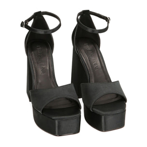 Sandali platform neri in raso, tacco 10 cm
