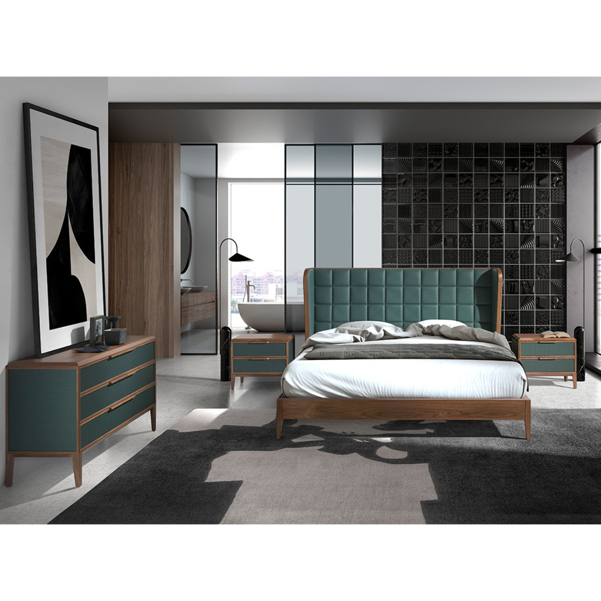 Mesita de noche Angel Cerdá con estructura de PVC en verde oscuro y patas de madera chapada en nogal natural 60x40x51cm