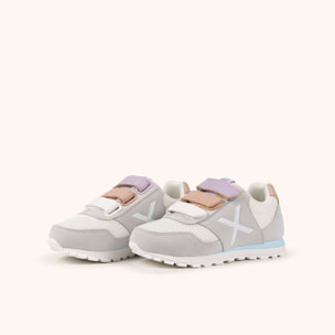 MUNICH DASH KID VCO 2.0 175 Zapatilla Retro Running Infantil Gris con Triple Velcro Pastel y Detalles Azules y Rosas