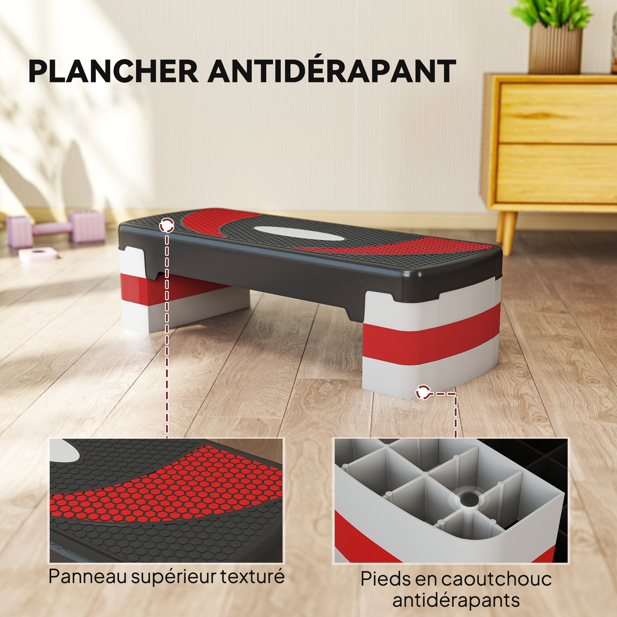 Stepper fitness aerobic - collaboration Aosom.fr x FFHandball - hauteur reglable surface antiderapante - noir gris