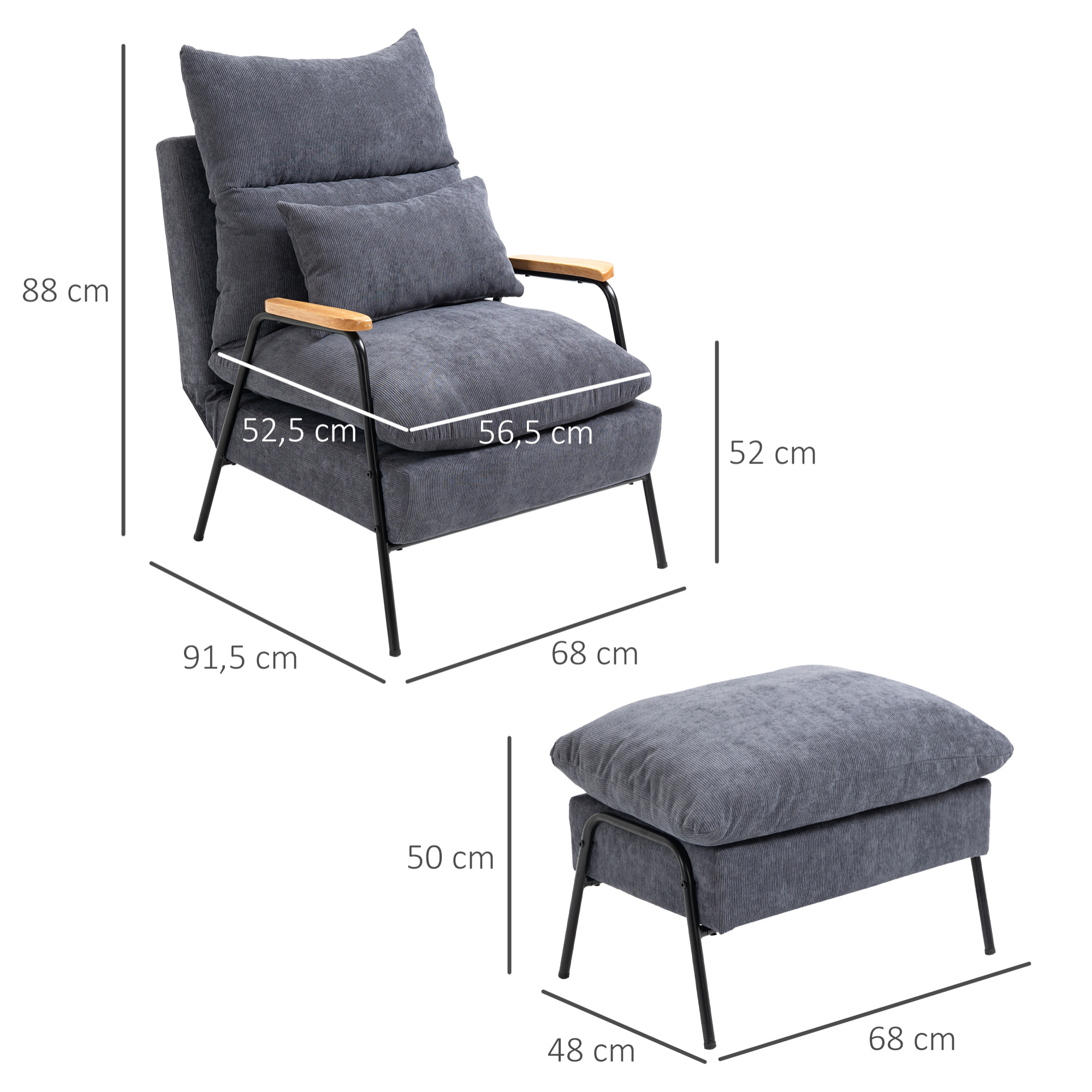 Fauteuil lounge style néo-rétro avec repose-pied - dossier inclinable - structure acier noir accoudoirs bois hévéa revêtement velours cotelé gris