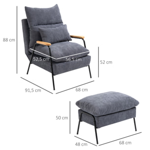 Fauteuil lounge style néo-rétro avec repose-pied - dossier inclinable - structure acier noir accoudoirs bois hévéa revêtement velours cotelé gris