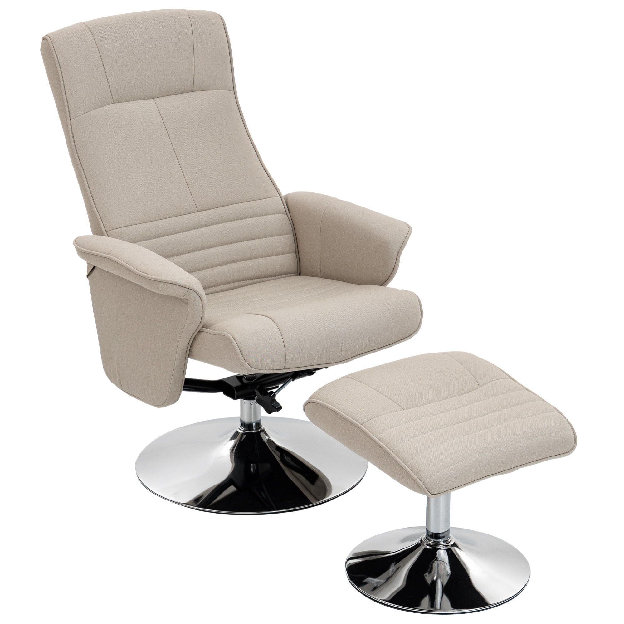 Fauteuil relax style contemporain - pivotant, dossier inclinable, repose-pied - piètement acier chromé tissu beige