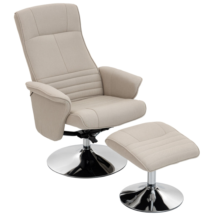 Fauteuil relax style contemporain - pivotant, dossier inclinable, repose-pied - piètement acier chromé tissu beige