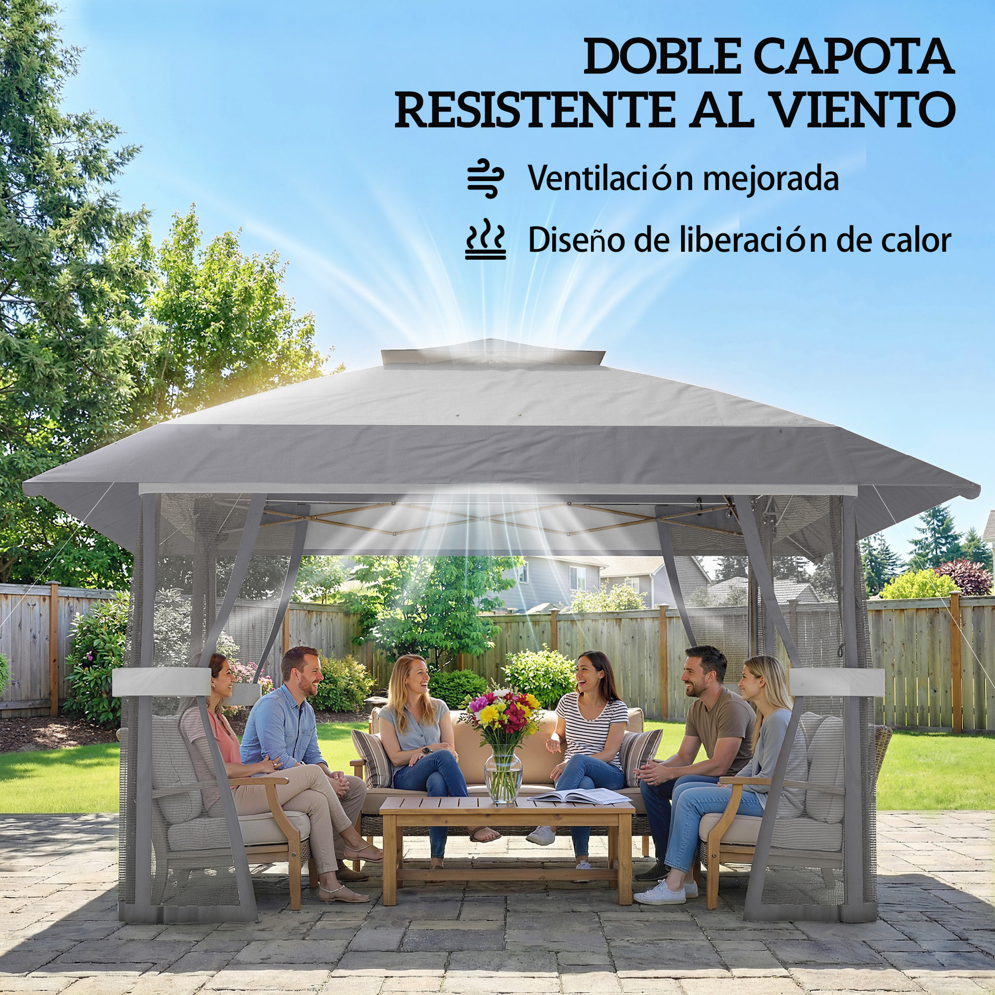Carpa Plegable 4x4 m, Pop-up, con Doble Techo, 4 Paredes Laterales de Malla, Cenador de Jardín con Altura Ajustable 3 Niveles, Bolsa de Transporte, UPF30+, Gazebo para Camping, Fiestas, Gris