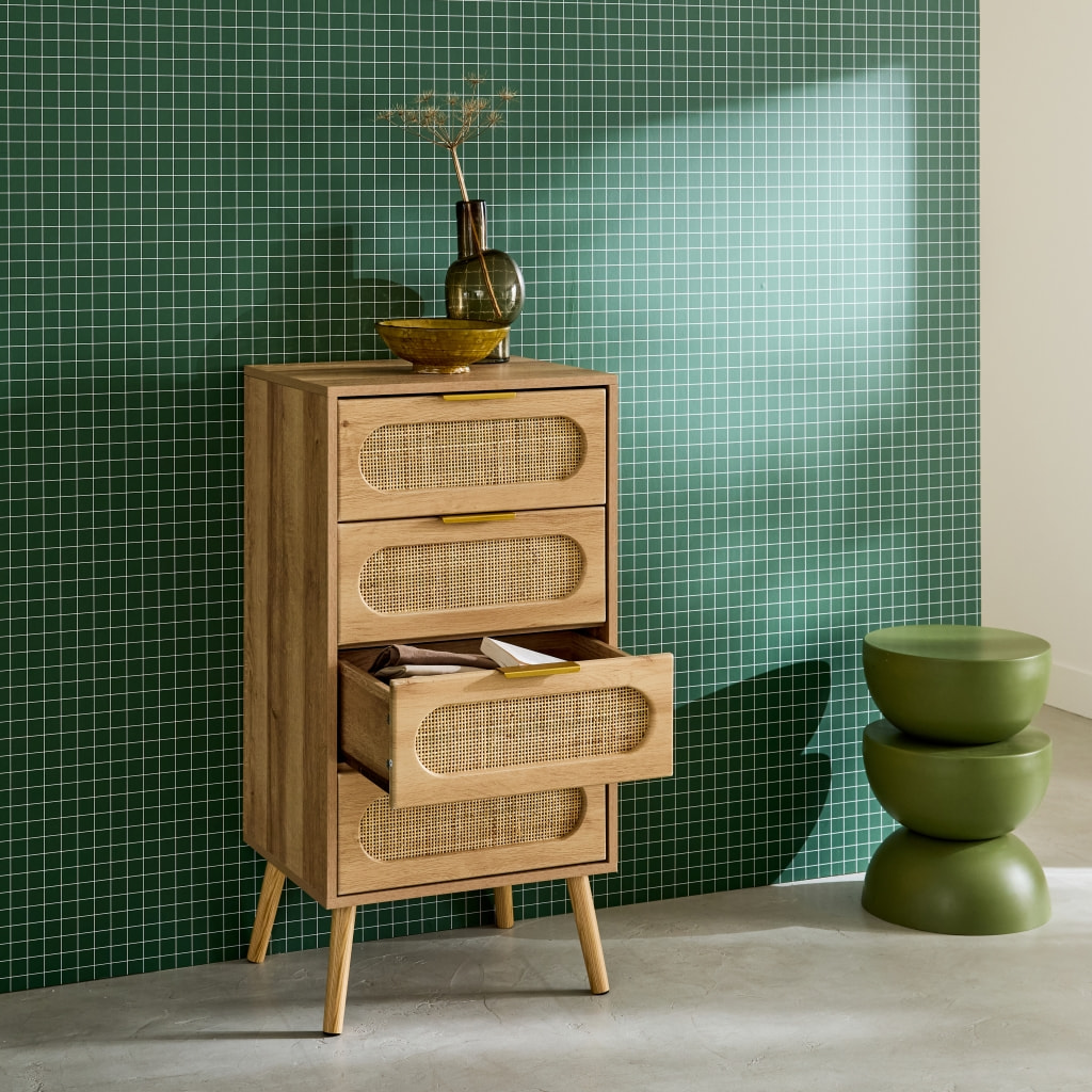 Chiffonnier décor bois et cannage 4 tiroirs EVA