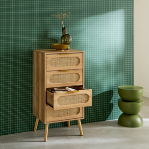 Chiffonnier décor bois et cannage 4 tiroirs EVA