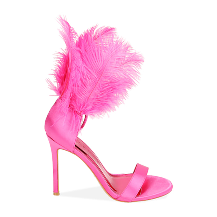 Sandalias de raso fucsia con plumas, tacón de 10,5 cm