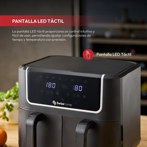 Freidroa de aire de 2100W y 2 Ollas de 3L con 8 Funciones, revestimiento antiadherente y pantalla LED SwissHome