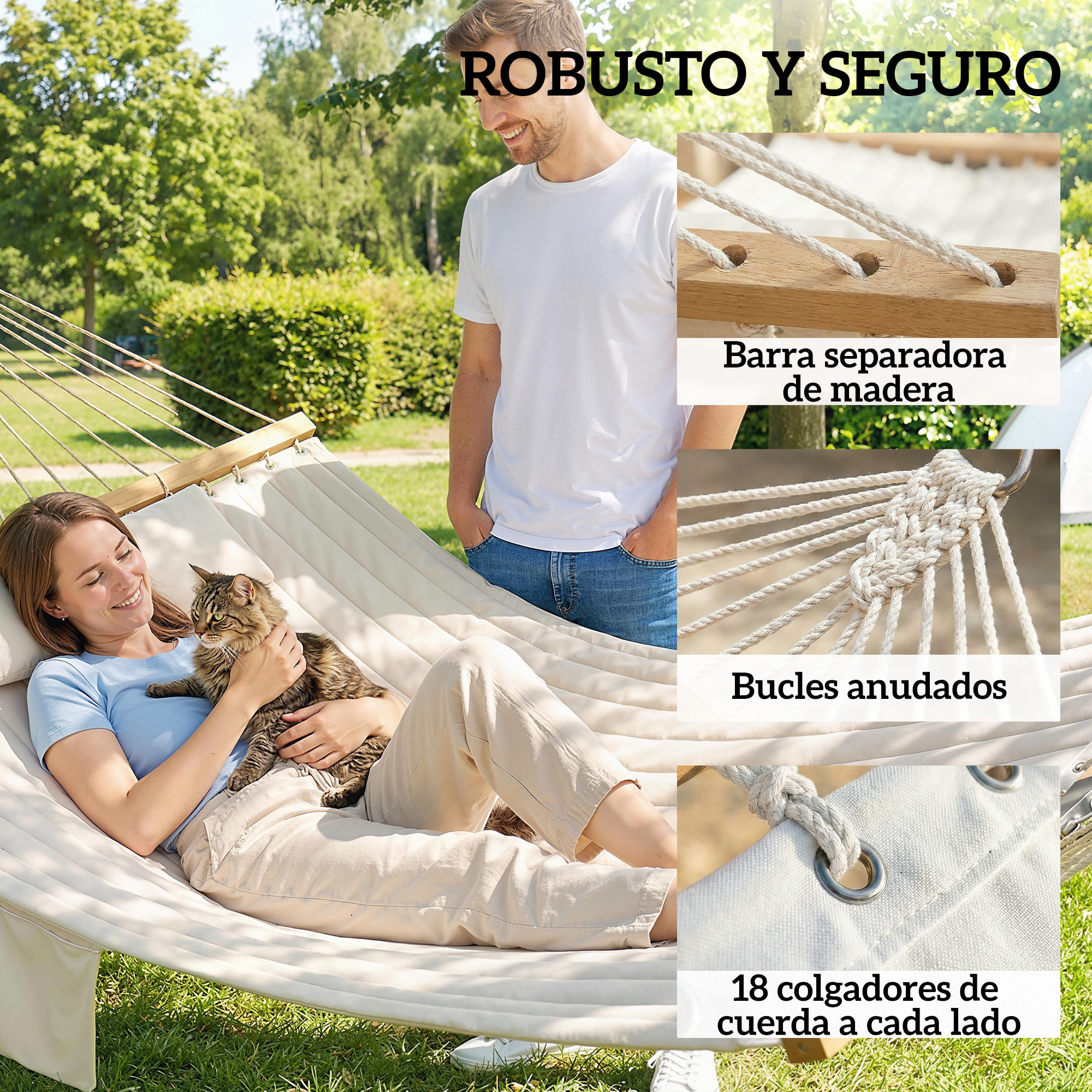 Hamaca Acolchada, Hamaca de Jardín Portátil con Almohada Desmontable, Bolsillo para Revistas, Barras Curvadas de Madera, Carga 200 kg, para Patio, Terraza, 325x140 cm, Crema