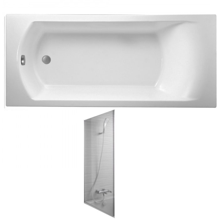 Baignoire droite Ove 170 x 70 cm, bonde excentré + pare bain chrome