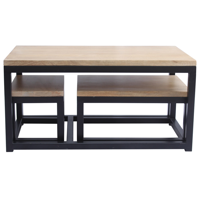 Tables basses gigognes bois manguier massif et métal noir (lot de 3) FACTORY