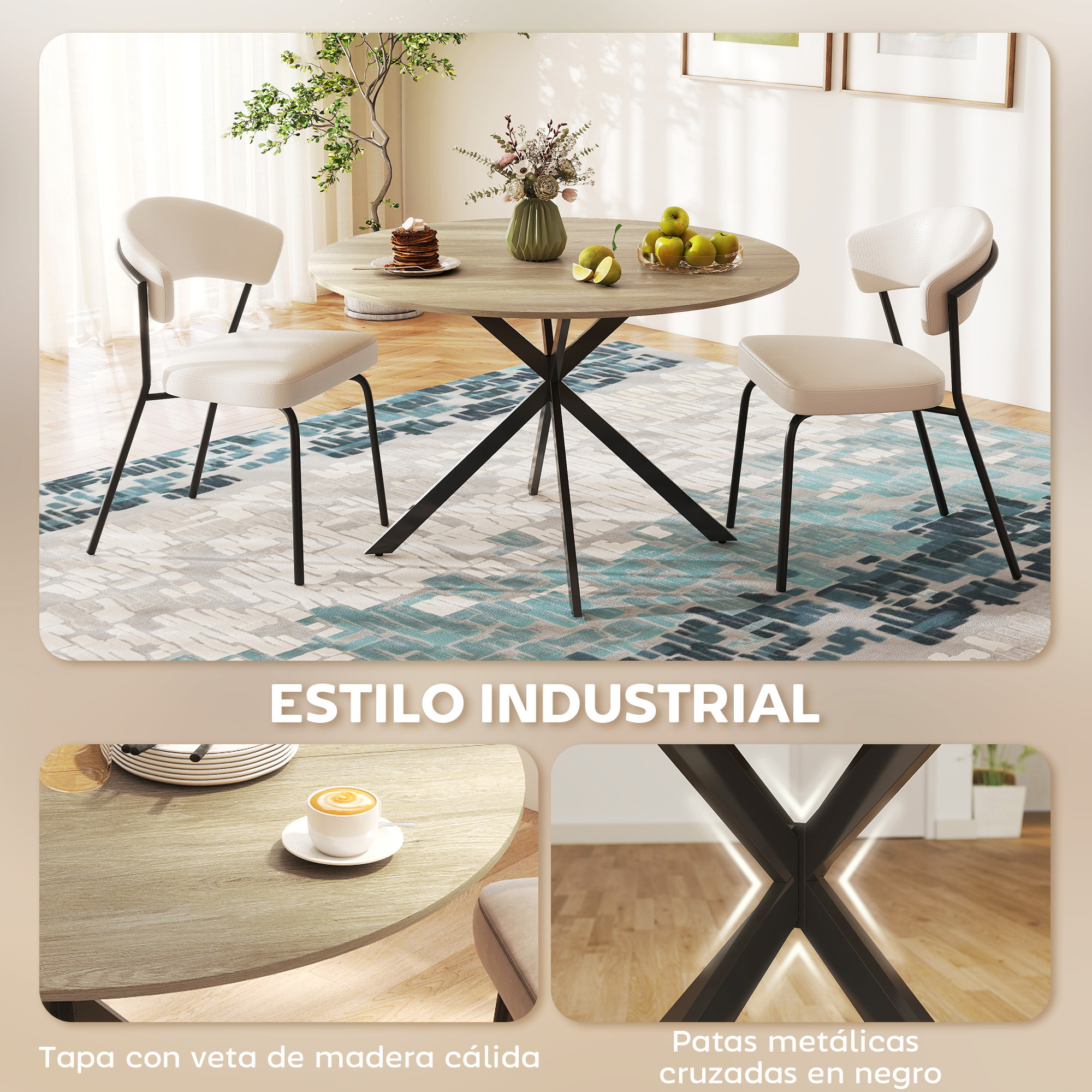 Mesa de Comedor Redonda para 4 Personas Mesa de Cocina Industrial con Estructura de Acero Ø120x75 cm Marrón Oscuro