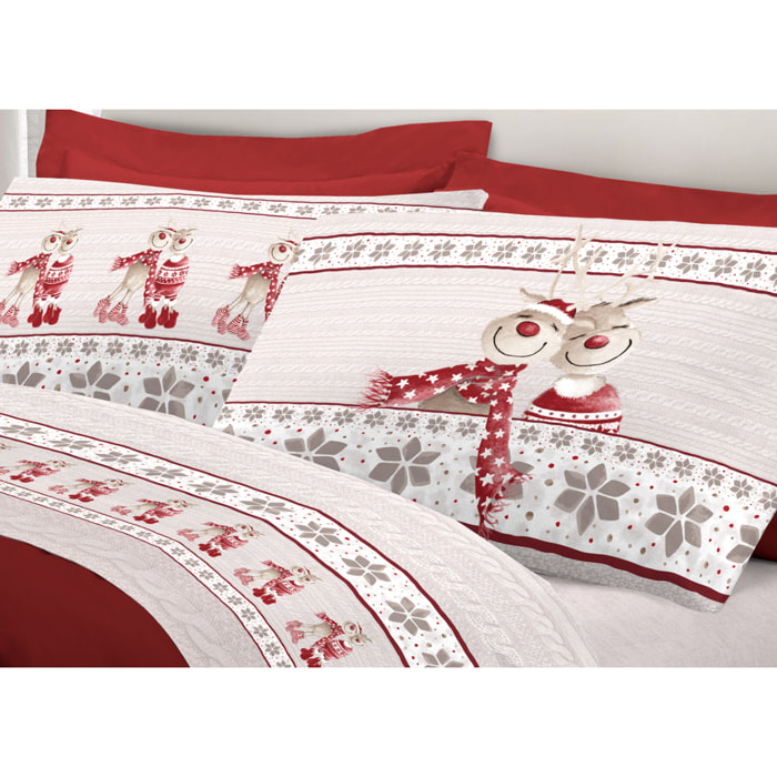 Completo Lenzuola 100% Cotone Renna Rosso