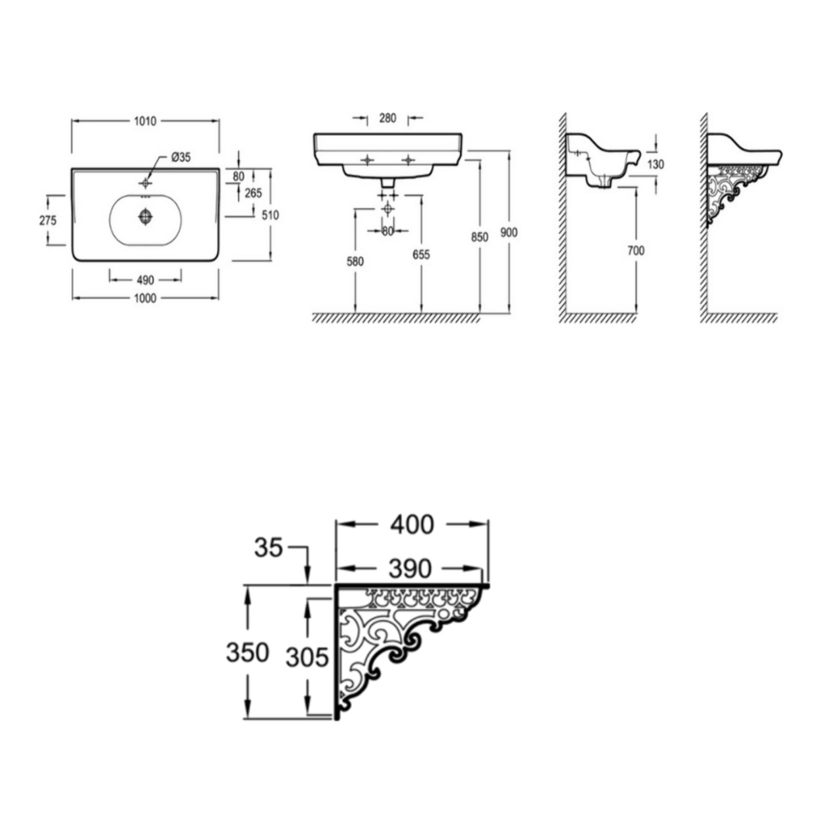 Plan vasque suspendu Cléo 1889 avec équerres métal noir + siphon or