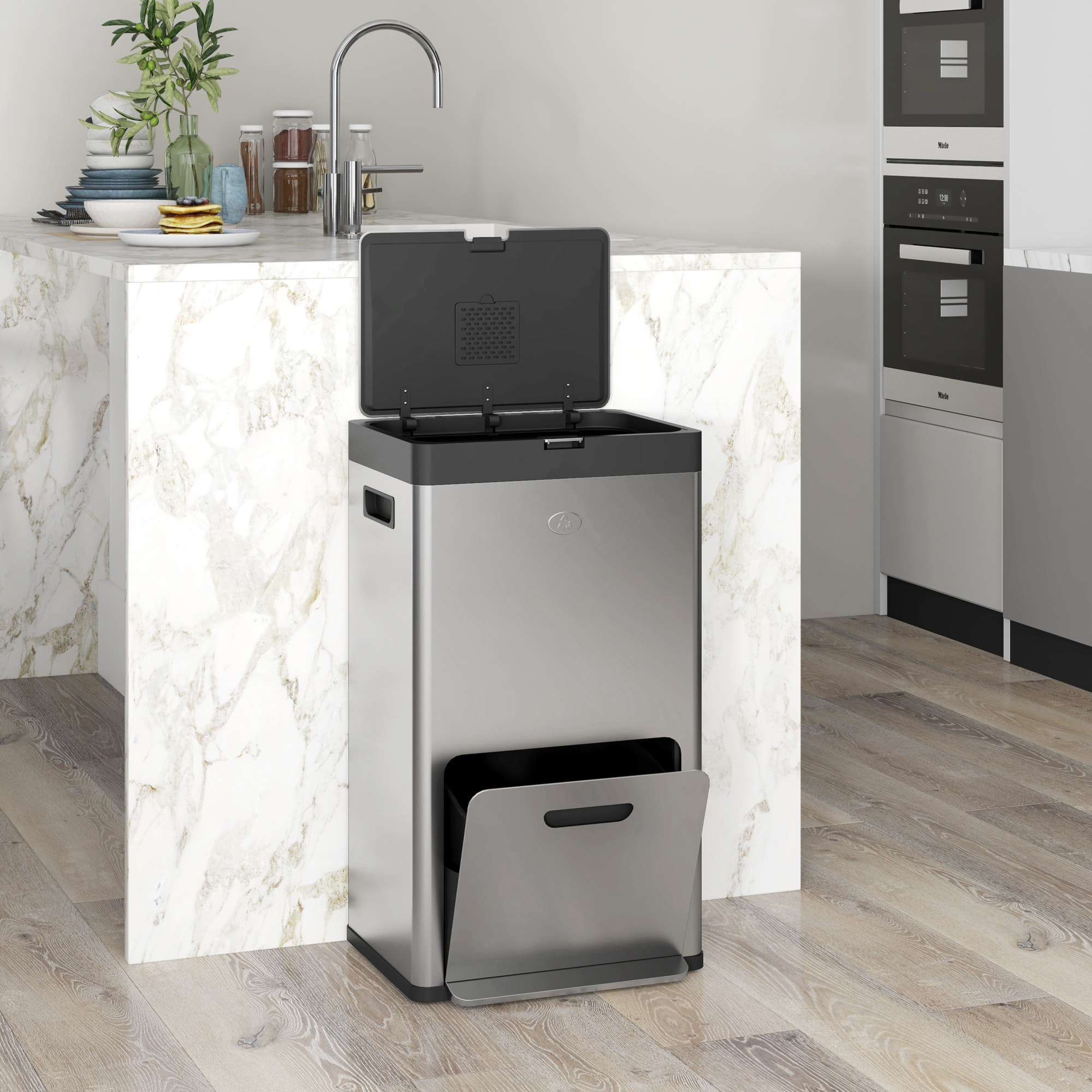 Poubelle de cuisine 2 x 18L + 20L - poubelle à pédale 3 compartiments seaux amovibles filtre anti-odeur - acier inox. brossé