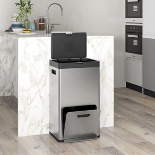 Poubelle de cuisine 2 x 18L + 20L - poubelle à pédale 3 compartiments seaux amovibles filtre anti-odeur - acier inox. brossé