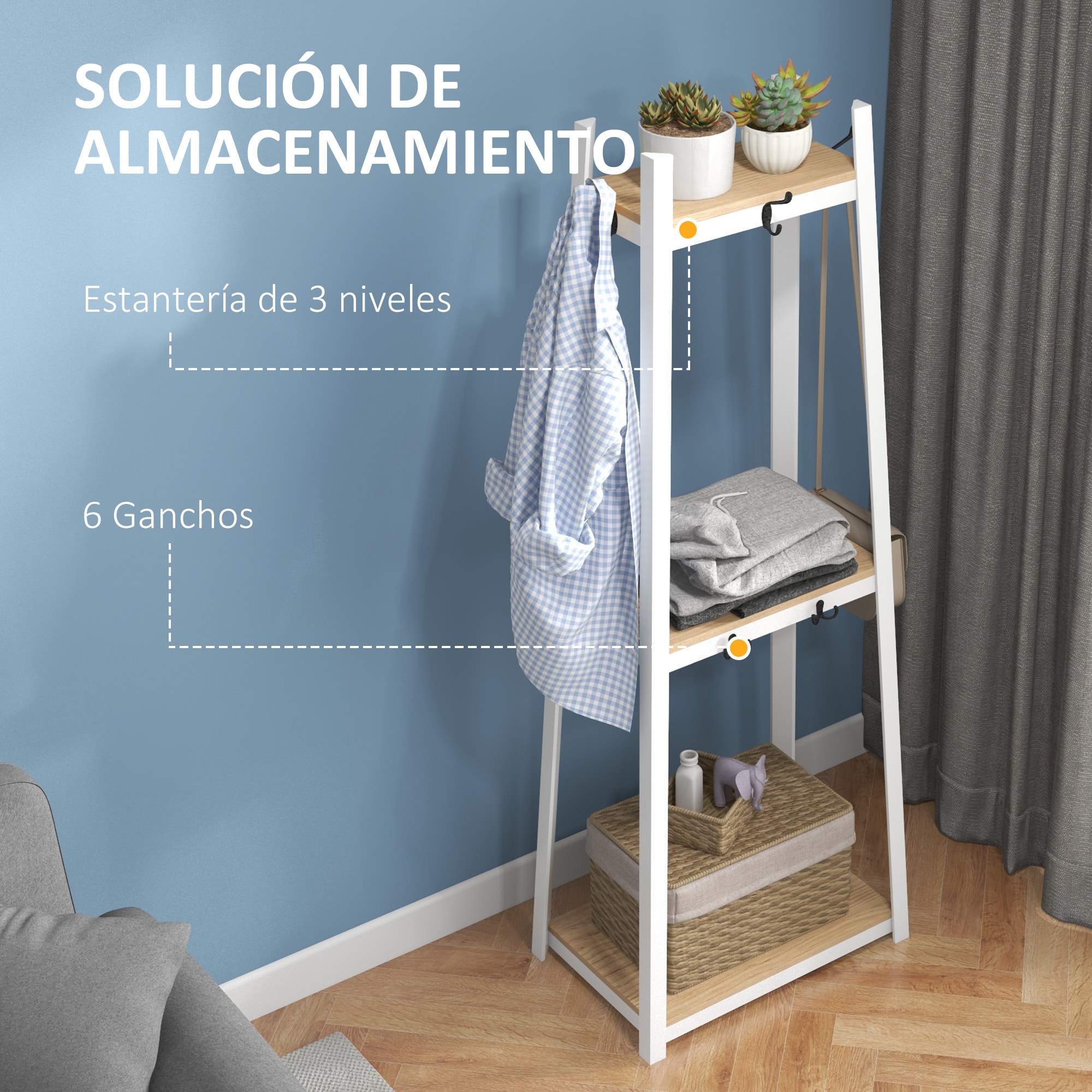 Homcom Perchero de Pie de 3 Niveles Perchero para Ropa con 6 Ganchos y Estantes de Almacenamiento para Entrada Pasillo Dormitorio Salon 61x41x165 cm Natural Privalia